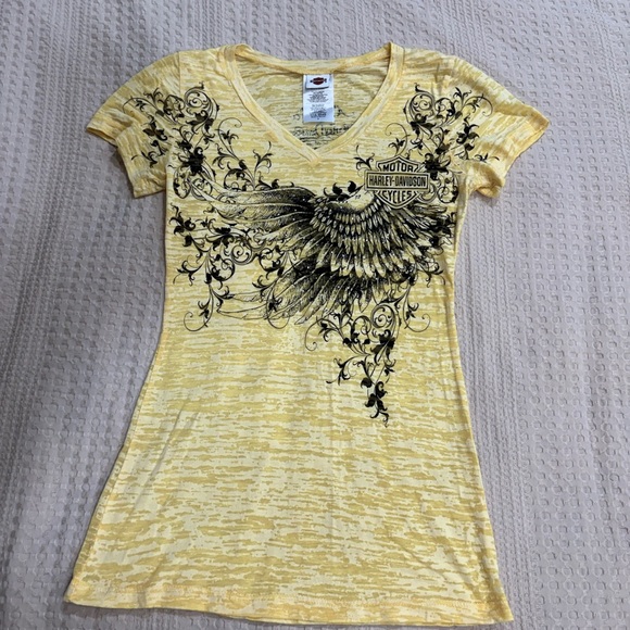 Harley-Davidson Tops - Harley-Davidson Women's Small Sheer Yellow Graphic Tee - Buddy Stubb’s Harley
